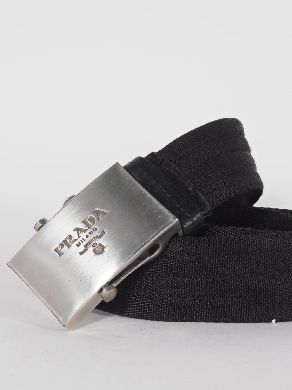 Prada Milano Black Nylon Web Belt Silver Logo Buckle Size 36/90